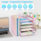 Desk Organizer, 5-Tier Paper Letter Tray Organizer with File Holder, Drawer and Pen Holder, Desktop Organizer for Office Supplies, Pink