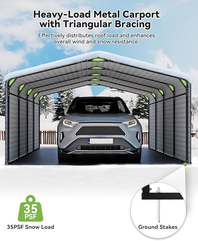 Heavy Duty Metal Carport, 12x20FT Outdoor Carport Canopy with Galvanized Steel Roof and Reinforced Base, Metal Side Panels, Sidewalls, Garage Shelter Shade for Cars, Trucks, Boats, Gray