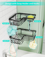 HapiRm Corner Shower Caddy with Shampoo Holder, 2-Pack Shower Organizer Shower Storage Shelf with 11 Hooks, No Drilling Rust Proof Stainless Steel Corner Shower Shelf with 6 Pack Adhesives (Black)