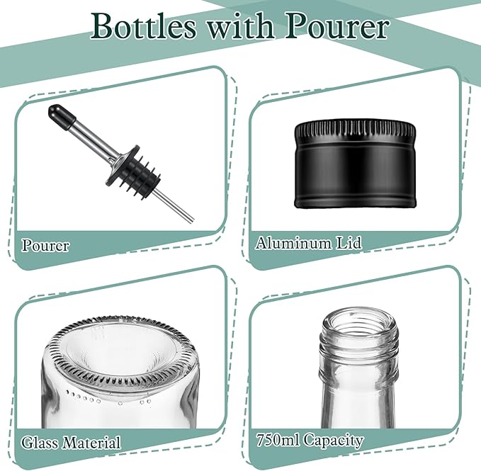 Maxdot 8 Pcs Long Neck Bottle with Pourer 750ml Glass Liquor Bottle juice Pour Bottles Syrup Bottles Glass for Home Wine Liquor Juice Making Wedding Anniversary Party