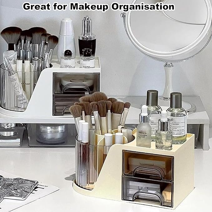 Marte Vanci 360° Rotating Desk Organizer with 2 Drawer, Desktop Rotating Pen Holder with 6 Slots, Small Makeup Organizer, Multifunctional Desk Accessories for Office, Home(White)