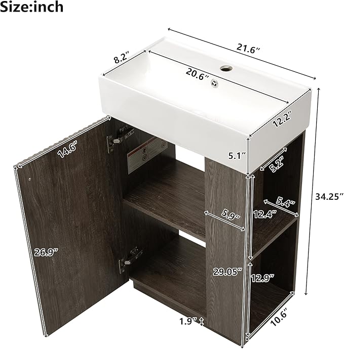 21.6" Small Fluted Bathroom Vanity with Sink,Soft Closing Doors and Storage Shelves,Natural Wood Single Bathroom Sink Cabinet Combo Freestanding,Dark Grey