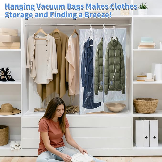 6-Pack Hanging Vacuum Storage Bags with Electric Pump – 3 Long & 3 Short Vacuum Seal Bags for Closet Organization, Space Saver for Suits, Jackets, Coats & Clothing