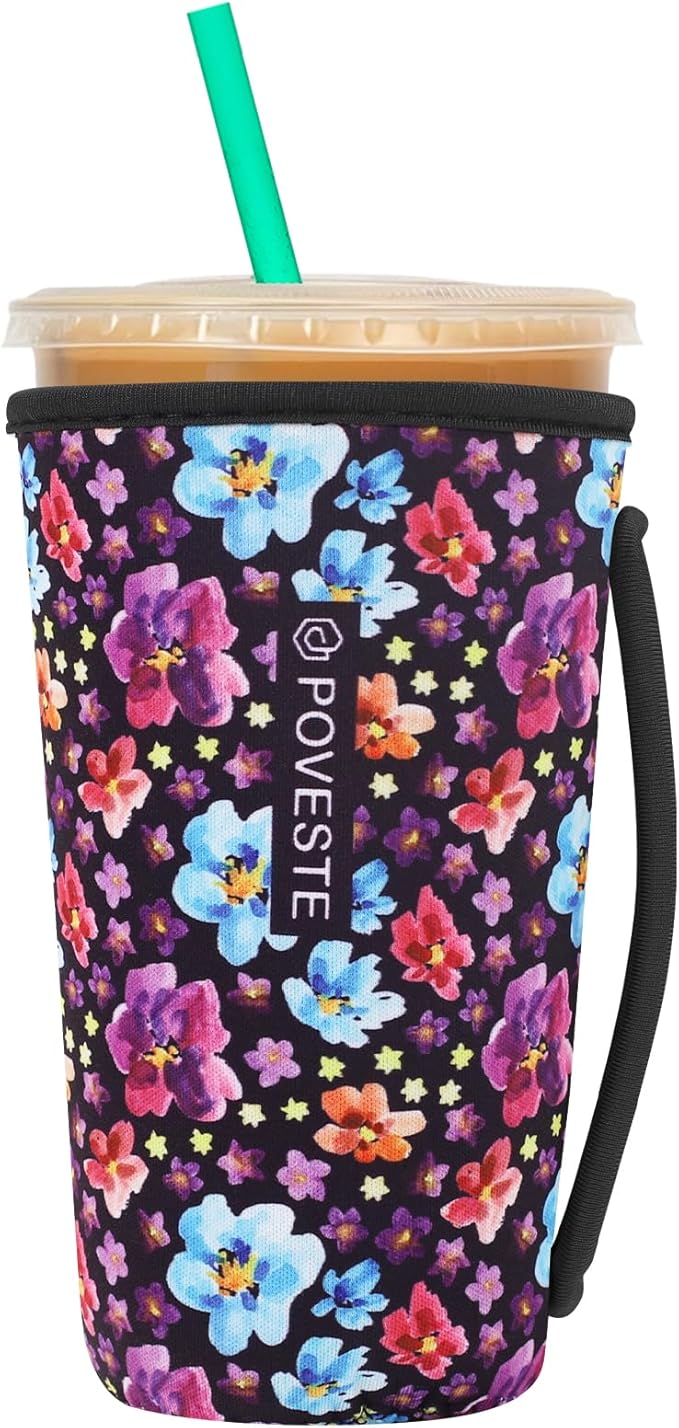 Reusable Neoprene Insulator Sleeve for Iced Coffee & Cold Soda, Coffee Sleeves for Iced & Hot Drinks, Cold Beverage Cooler Compatible with Starbucks, Dunkin (Purple Garden, Large: 32oz)