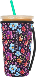 Reusable Neoprene Insulator Sleeve for Iced Coffee & Cold Soda, Coffee Sleeves for Iced & Hot Drinks, Cold Beverage Cooler Compatible with Starbucks, Dunkin (Purple Garden, Large: 32oz)