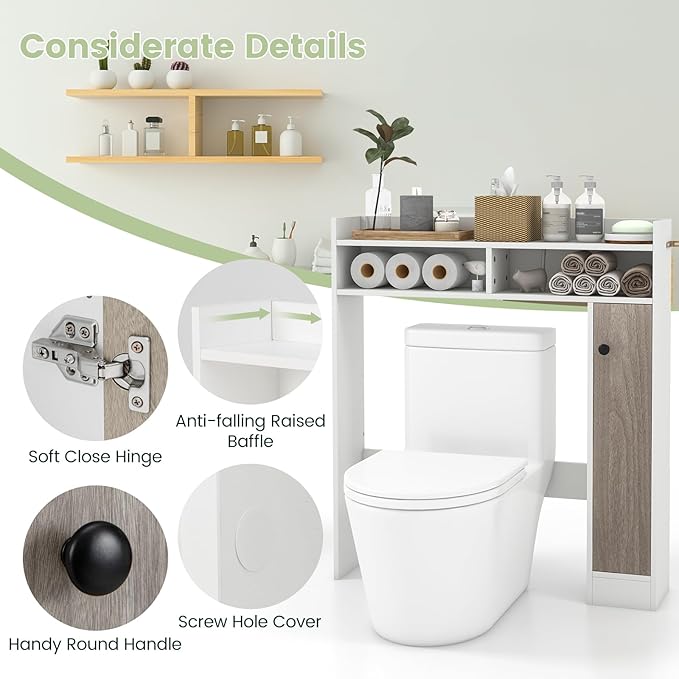 Giantex Short Over The Toilet Storage Cabinet, Bathroom Organizer w/Single Door Cabinet & Adjustable Shelves, Freestanding Space Saver Above Toilet Storage for Restroom, Laundry Room (White)