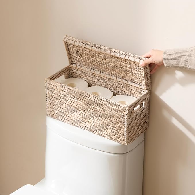 YANGQIHOME Toilet Paper Basket, Rattan Toilet Tank Basket for Bathroom, Wicker Baskets with Lid for Storage, Whitewash