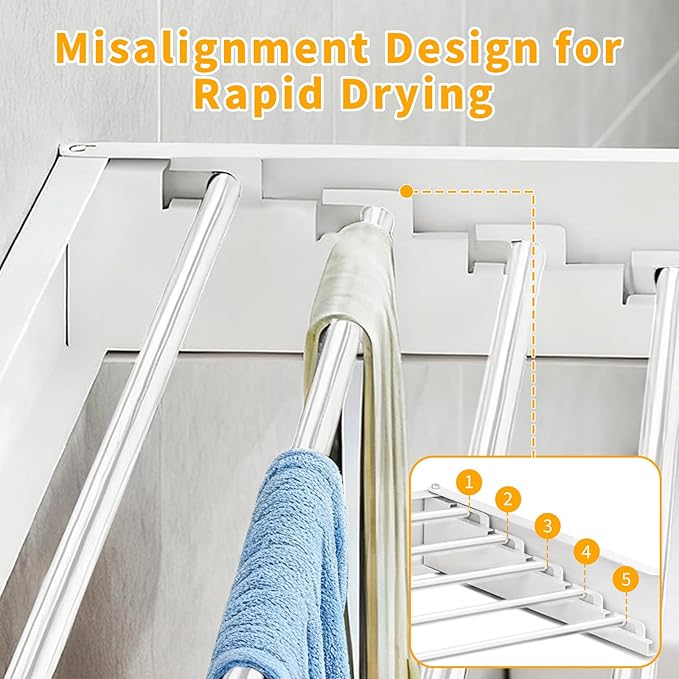 Wall Mounted Laundry Drying Rack, 31.5'' Collapsible Clothes Rack with 5 Rods, Heavy Duty Foldable Space Saving Laundry Drying Rack for Clothing & Towels