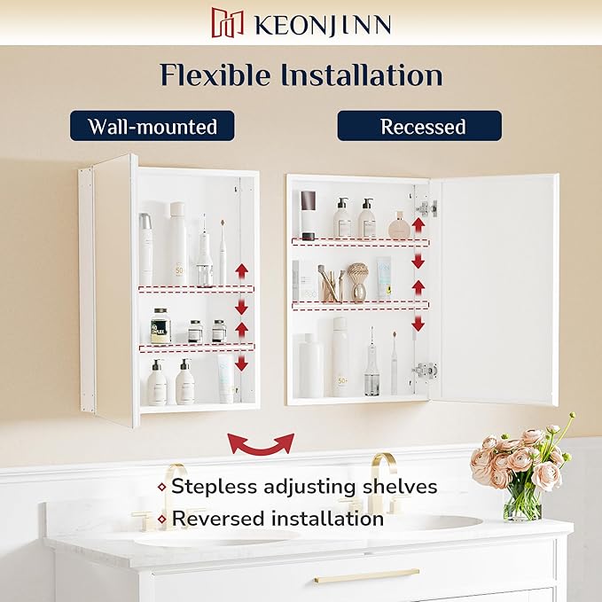 Keonjinn 48 x 26 Inch Medicine Cabinet, Assembly Required, White Bathroom Medicine Cabinets Mirror, Lightweight, Adjustable Shelves, Surface Mount or Recessed, Tempered Glass