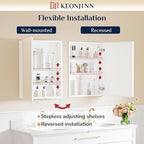 Keonjinn 16 x 24 Inch White Medicine Cabinet Mirror, Assembly Required, Modern Medicine Cabinets for Bathroom, Lightweight, Adjustable Shelves, HD Tempered Glass, Recessed or Surface Mount