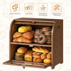 HOOBRO Bread Box, Bamboo Bread Box for Kitchen Countertop, 2 Tier Roll-Top Bread Bin, Food Storage Box, Large Capacity Keeper, Wooden Storage Cabinet, for Kitchen, Dining Room, Brown BR13MB01