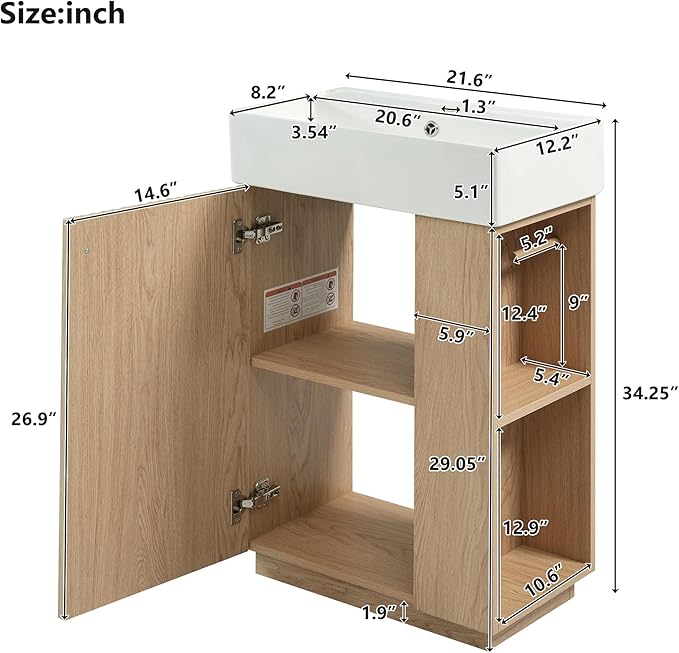 21.6" Small Fluted Bathroom Vanity with Sink,Soft Closing Doors and Storage Shelves,Natural Wood Single Bathroom Sink Cabinet Combo Freestanding, Natural Wood