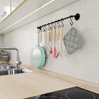 Wallniture 24" Gourmet Kitchen Rail for with 10 S Hooks for Hanging Utensils, Pot Pan Lid Rack Storage Organizer Set, Steel, Black