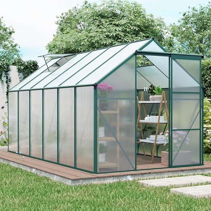 Polycarbonate Greenhouse with Rain Gutter and Roof Vent, Raised Base and Anchor Aluminum Heavy Duty Walk-in Green House, Outdoor Patio Sunroom with Sliding Door (Green, 146.06*74.8*76.77in)