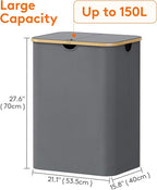 Lifewit 150L Laundry Basket with Lid, Clothes Hampers for Laundry with Bamboo Handles and 2 Removable Bags, Large Foldable Laundry Hamper for Bedroom, Bathroom, Dorm, Grey