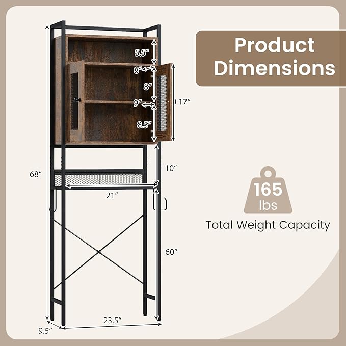 Giantex Over The Toilet Storage Cabinet, Bathroom Space Saver Above Toilet Storage with Paper Hook, Mesh Doors & Metal Stand, Over Toilet Bathroom Organizer for Laundry Room, Restroom