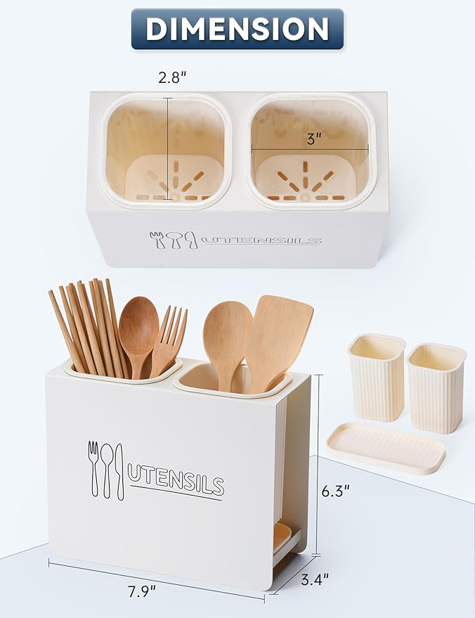 Kitchen Utensil Holder, Metal Silverware Holder with 2 Plastic Cups and Base, Modern Farmhouse Kitchen Decor, Countertop Utensil Organizer for Spoons Cooking Tools (Cream)