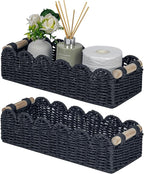CubesLand Bathroom Basket Organizer, Toilet Tank Paper Storage Baskets 2-Pack, Scalloped Decorative Basket for Countertop w/Handle, Wicker Basket for Bathroom Decor, Home Decor, Living Room, Black
