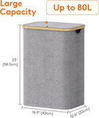 Lifewit 80L Laundry Basket with Lid, Clothes Hampers for Laundry with Bamboo Handles and 1 Removable Bag, Large Foldable Laundry Hamper for Bedroom, Bathroom, Dorm, Laundry Room, Light Gray