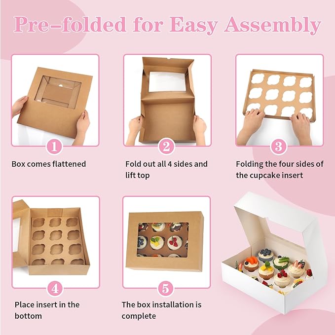 Cupcake Boxes, 4 Pack Disposable Cupcake Containers, Food Grade Cupcake Carrier 12 Count with Window and Inserts, Cupcake Transport Holders Bulk for Muffins Cookies Treats Dessert（White）