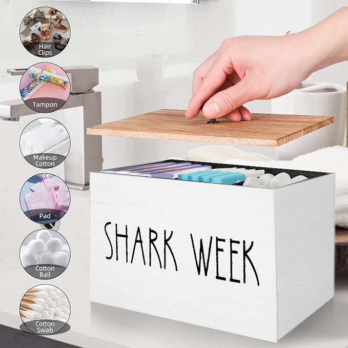 Tampon Holder for Bathroom,Feminine Product Organizer with Lid,Shark Week Tampon Storage Pad and Lady Stuff Box Tampon Organizer for Bathroom (White)