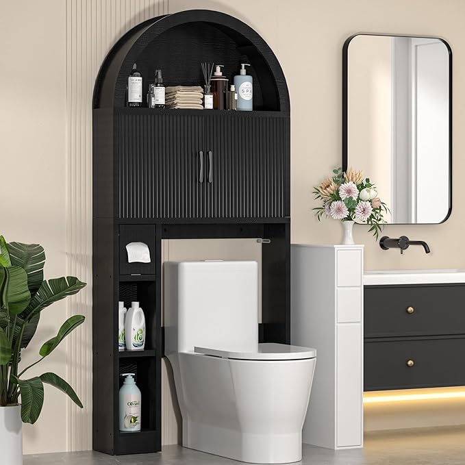 Over The Toilet Storage Cabinet, Bathroom Organizer Over Toilet, Arched Storage Organizer Cabinet with Anti-Tip Device and Adjustable Shelf for Washroom Laundry and Restroom, Black