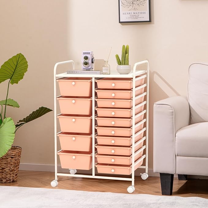 LUARANE Rolling Cart with 15 Drawers, Craft Storage Cart with Portable Handles & Lockable Wheels, Mobile Toys Organizer, Large Capacity Utility Drawer Cart Home Office School Teacher (Peach)