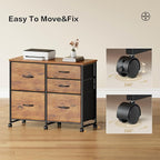 Lateral File Cabinet with 5 Drawers Rolling Filing Cabinets Under Desk Storage Printer Stand with Wheels,Mobile File Cabinet for Home Office,Rustic Brown