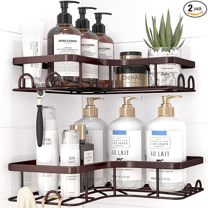 Corner Shower Caddy - 2 Pack, Adhesive Shower Organizers, Rustproof Stainless Steel Shower Shelves with 8 Hooks, No Drilling Bathroom Organizers and Storage Racks, Space-Saving, Brown, Medium