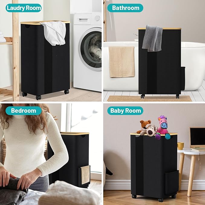 BlissTotes Laundry Basket Laundry Hamper with Lid, Collapsible Slim Laundry Hampers, Laundry Bin, Clothes Hamper Basket with Internal Support & Wheels & Handles for Bathroom, Bedroom (75L, Black)