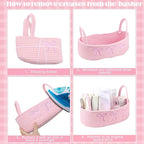 Vesici Pink Bow Woven Storage Basket for Toilet Tank Top Boho Cotton Rope Bathroom Countertop Organizer Basket with Handle Pink Bathroom Decor for Bedroom Nursery Toys Organizing, 13 x 6 x 4 Inch