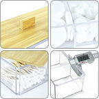 Acrylic Qtip Dispenser with Wood Lid - 3 Compartment Bathroom Organizer for Q Tip, Cotton Swab and Cotton Pad Holder, Vanity Storage Organization for Countertop and Drawer