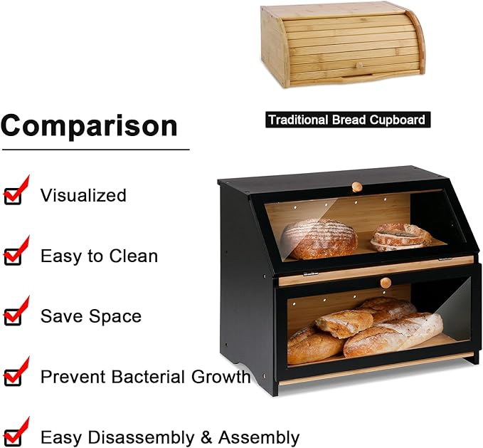 HOMEKOKO Double Layer Large Bread Box for Kitchen Counter, Wooden Large Capacity Bread Storage Bin (Black)