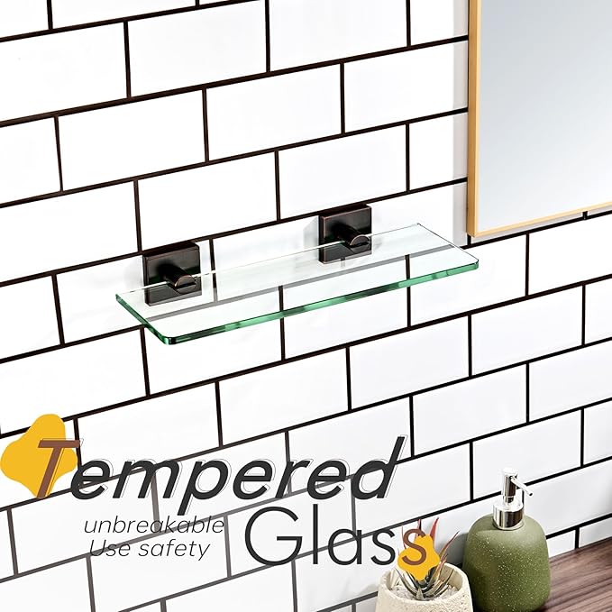 KOKOSIRI Bathroom Wall Shelves Glass Floating Shelf 12-Inch Tempered Glass Rack Shower Storage Decor, Oil Rubbed Bronze Stainless Steel B1107ORB-L12