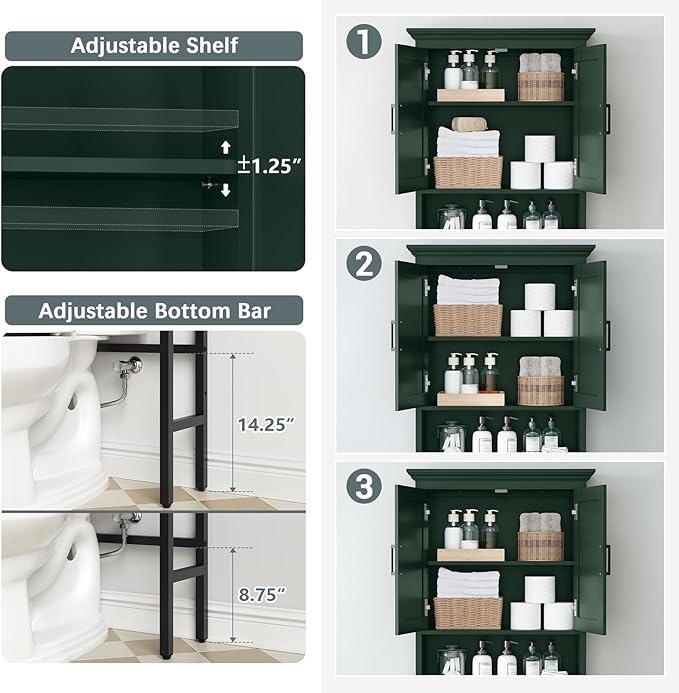 Over The Toilet Storage Cabinet, Over Toilet Storage, Above The Toilet Cabinet with Inner Adjustable Shelf and Open Storage, Forest Green