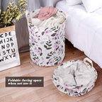 UUJOLY Collapsible Laundry Basket, Laundry Hamper with Handles Waterproof Round Cotton Linen Laundry Hamper Printing Household Organizer Basket, 19.7x15.7 inches, Purple