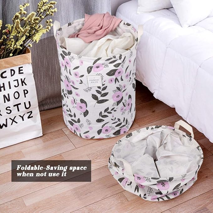 UUJOLY Collapsible Laundry Basket, Laundry Hamper with Handles Waterproof Round Cotton Linen Laundry Hamper Printing Household Organizer Basket, 19.7x15.7 inches, Purple