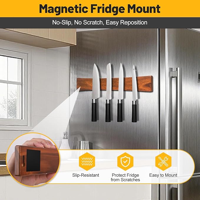Knife Magnetic Strip, Acacia Wood Magnetic Knife Holder for Wall Mount Fridge Refrigerator, Knives Magnet Bar Tool Utensils RV Utensil Holder Metal Kitchen Rack Holder Organizer Accessories 10 Inch