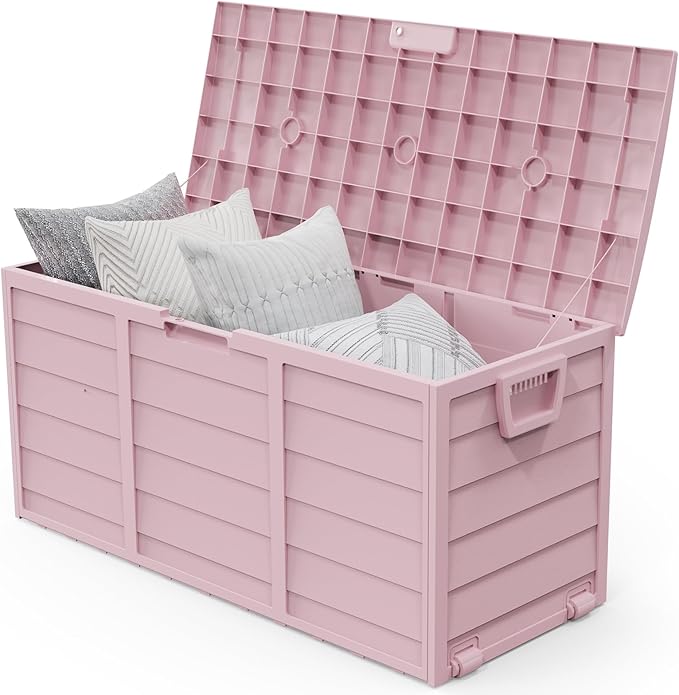 VINGLI 75 Gallon Outdoor Storage Box, Lockable Plastic Storage Containers with Lid, Patio Deck Box Furniture for Garden, Pool, Balcony, Yard (Light Pink)