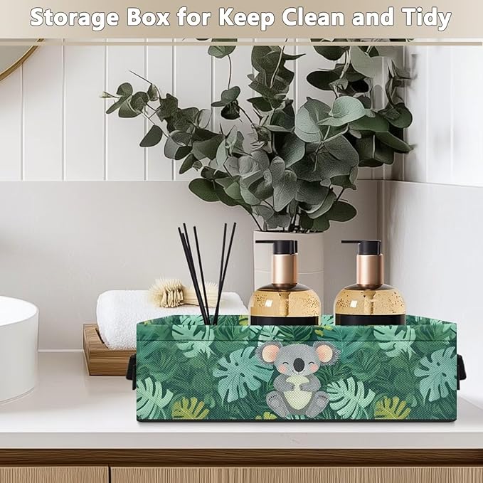 Small Bathroom Basket Toilet Tank Topper Paper Basket Fabric Bin Shelf Multi-purpose Storage Basket Caddy with Handles for Bathroom Counter, Koala Tropical Monstera Leaf Green