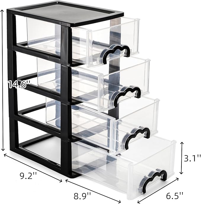 Desktop Organizer with 4 Drawers, Clear Plastic Storage Drawer Unit, Small Desk Organizer Storage Box, Durable Storage Bin Container Case for Countertop Stationery Pens Makeup Office Supplies