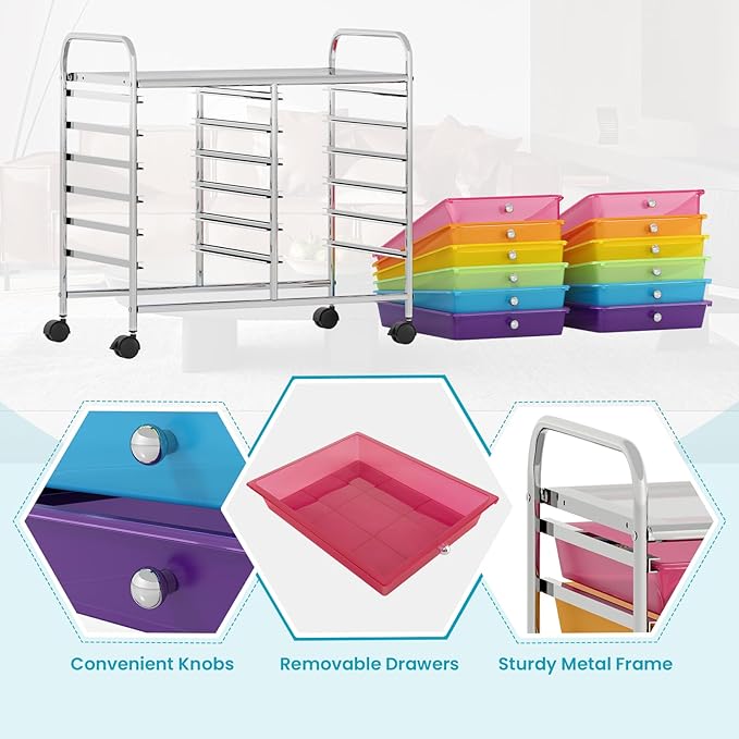 COSTWAY 12-Drawer Rolling Storage Cart, Utility Storage Organizer Cart for Tools, Scrapbook, Paper, Craft, Multipurpose Art Supply Organizer on Wheels for Home Office School, Teacher, Rainbow