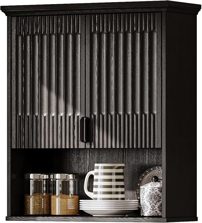 FLOWBACK BlackBathroom Wall Cabinet Over The Toilet Storage, 23.5×31.4 Inch Wall Mounted Medicine Cabinet for Bathroom with Adjustable Shelf and Door, Wood Cabinet for Laundry Room, Bedroom Kitchen