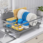 Dish Drying Rack for Kitchen Counter, Sink Dish Rack with Drainboard, Large Dish Drainer with Cups Holder, Home Countertop Plate Dryer Storage Rack with Cutlery Holder, Gray