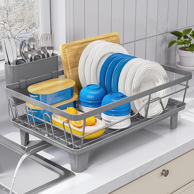 Dish Drying Rack for Kitchen Counter, Sink Dish Rack with Drainboard, Large Dish Drainer with Cups Holder, Home Countertop Plate Dryer Storage Rack with Cutlery Holder, Gray