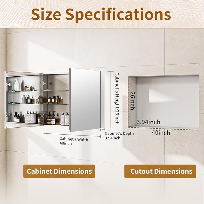 BEAUTYPEAK Bathroom Medicine Cabinet Mirror with Storage, 40 Inch x 26 Inch Silver Medicine Cabinet with Double Door & Adjustable Shelves for Vanity, Tempered, Aluminum Surface, Wall-mount or Recessed