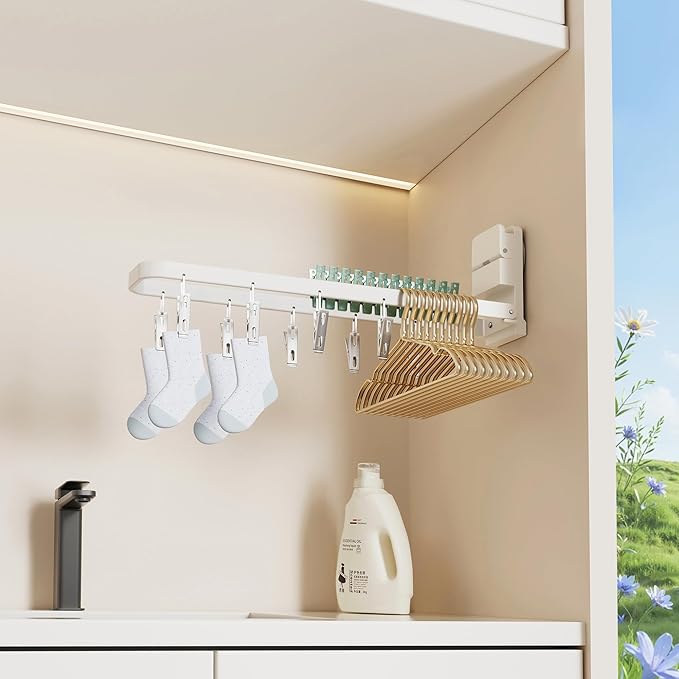 1 Pack Wall Mounted Suction Cup Clothes Drying Rack with 10 Clips, Portable & Collapsible Sock Hanger for Drying Socks, Bras, Underwear, Baby Clothes, Towels