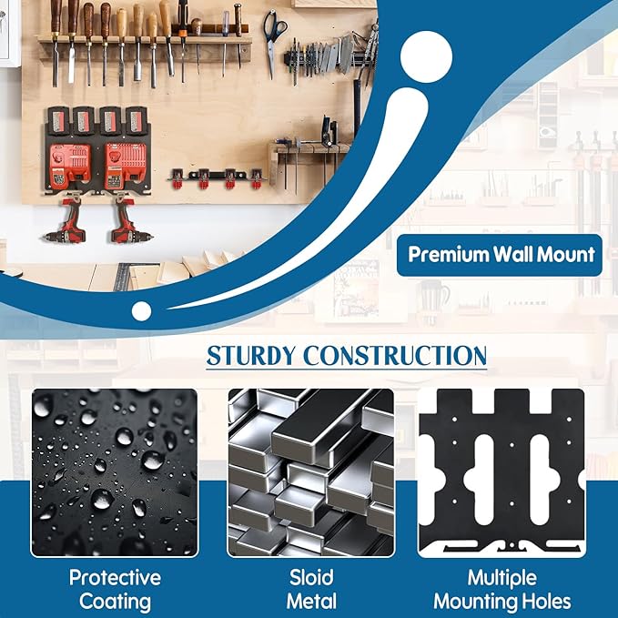 3-in-1 Metal Wall Mount for Milwaukee Charger, Battery and Drill, Battery Holder for 4×M12 & 4×M18 Batteries, Charger Holder for 2x M12-18C/2x M12-18FC/1x M18 DFC Chargers, Power Tool Organizer