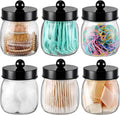 6 Pack Qtip Holder Bathroom Set, SheeChung Plastic Mason Jar Apothecary Jar Set for Bathroom Vanity Storage Organizer, Farmhouse/Home Decor, 12 Labels (Black)
