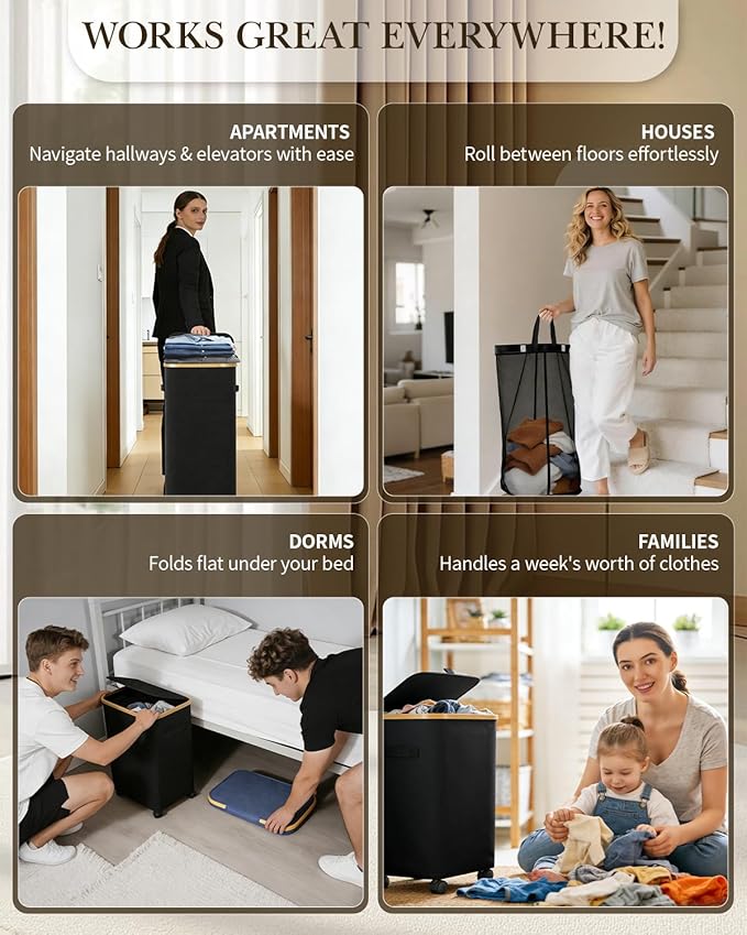 Laundry Hamper with Wheels, 75L Large Clothes Hamper with Removable Inner Bag, Collapsible Dirty Clothes Basket for Dorm, Rolling Dirty Clothes Basket for, Bedroom, Bathroom, Laundry Room